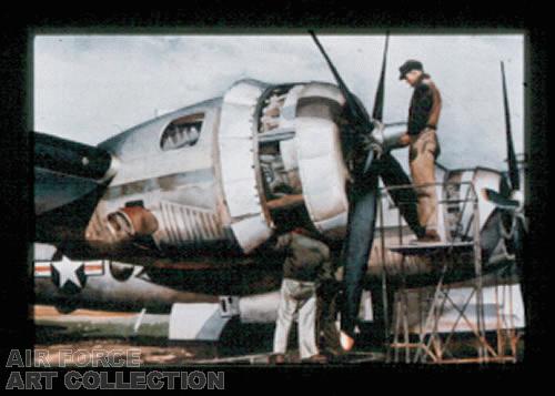 B-29 MECHANICS CHECKING A PROP